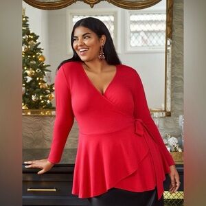 Eloquii 24 Red V Neck Peplum Wrap Top Stretch Ponte Knit Tie Close Plus Size